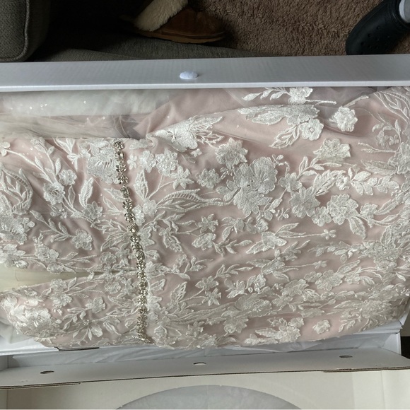 Champagne rose color lace wedding gown worn once. Size 10/12. Lace white veil - Picture 10 of 11